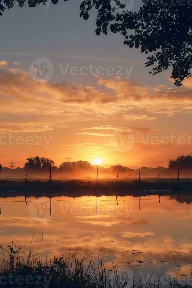 pequeño estanque y campo a amanecer foto