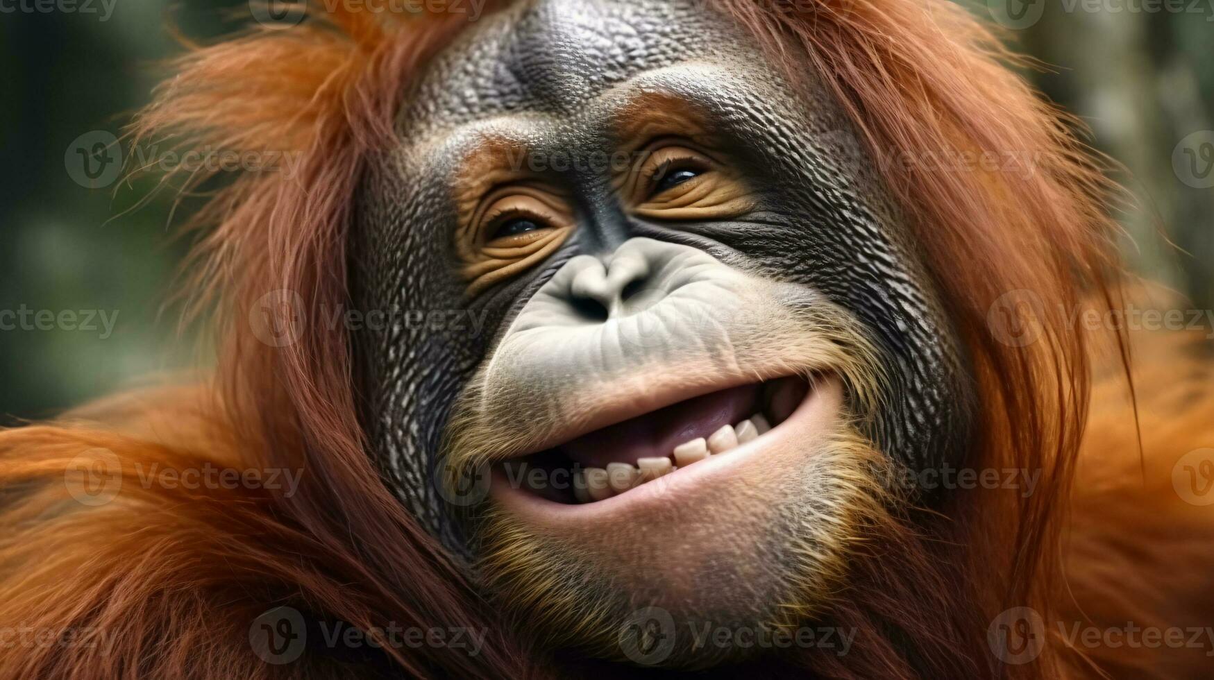 AI Generated an orangutan grins amusedly into the camera, generative AI photo