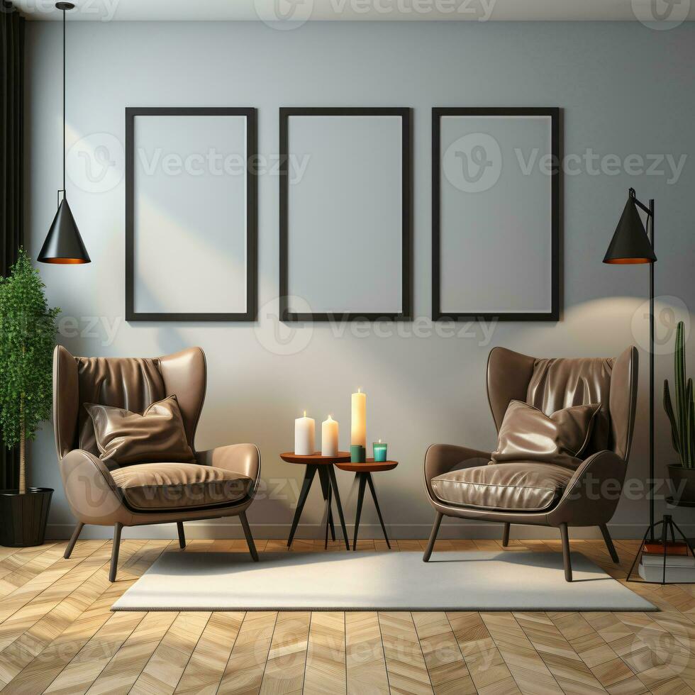 AI generated Living room with empty mockup picture frames on the wall. Modern chic interior, generative AI photo