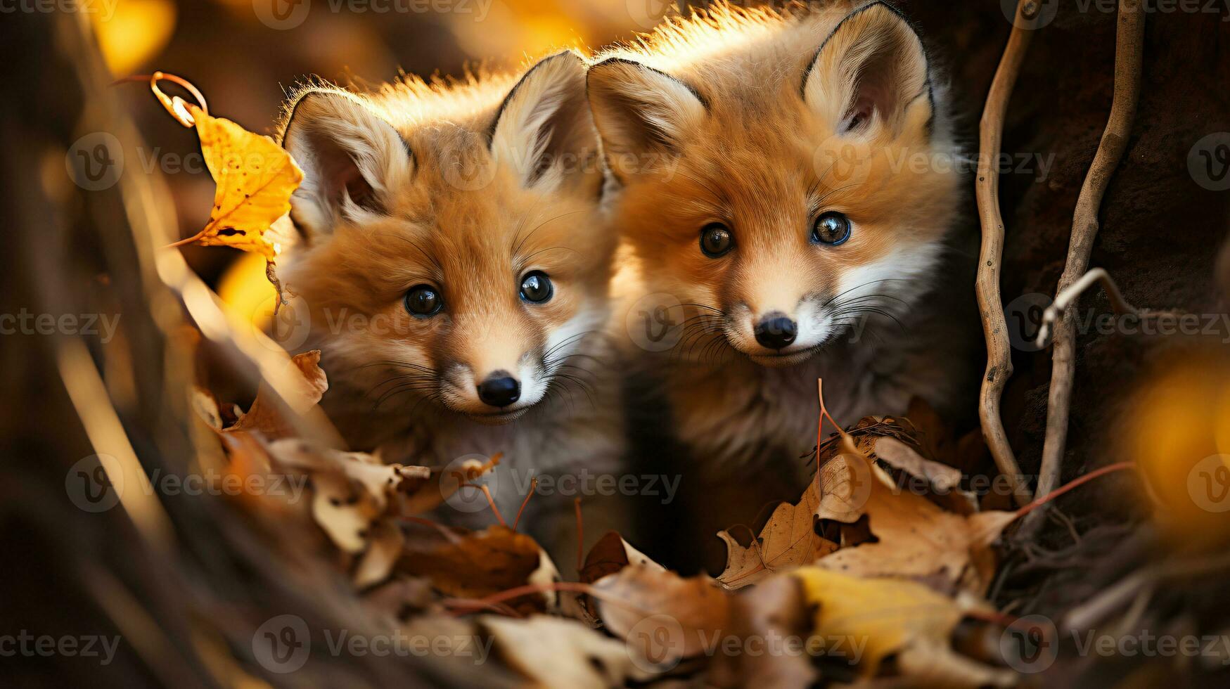 AI generated two young cute foxes cuddle together in deciduous forest, generative AI photo