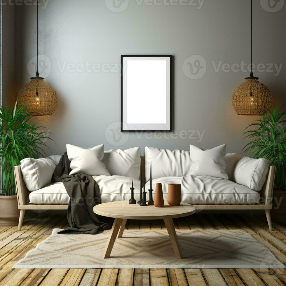 AI generated Living room with empty mockup picture frames on the wall. Modern chic interior, generative AI photo
