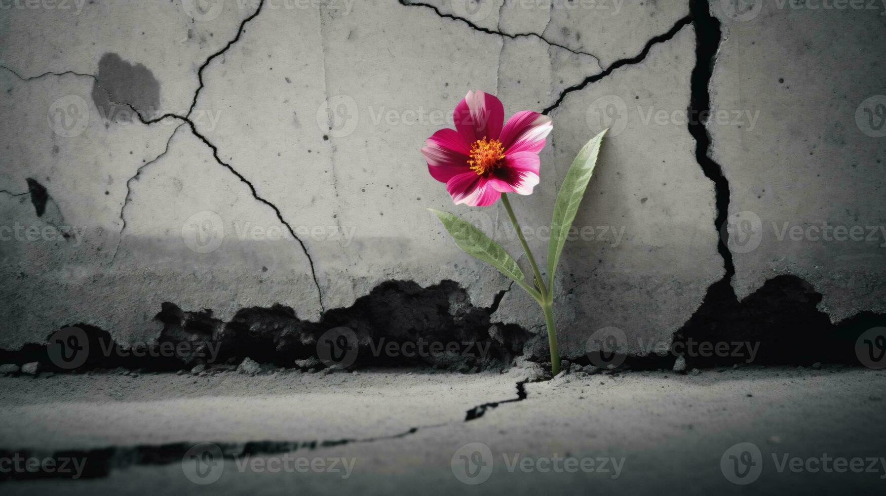 AI Generated young flower in bloom grows out of concrete gap photo