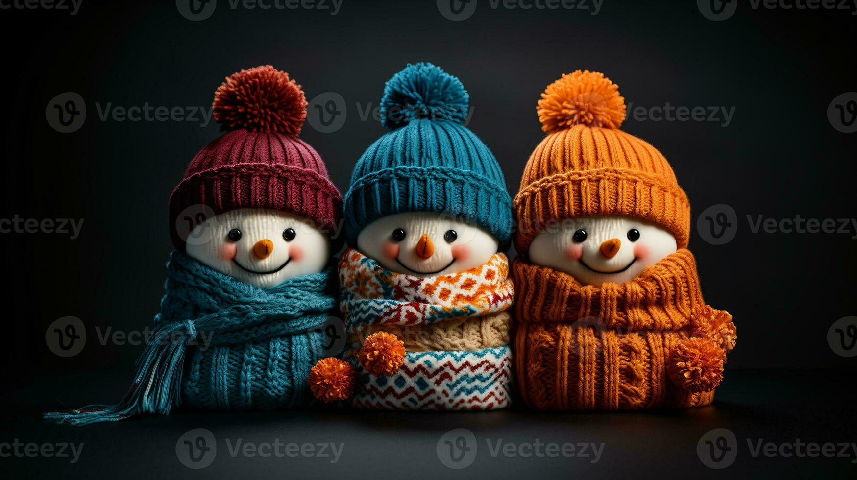 AI generated Small Christmas winter figures wrapped in scarf and cap stand in a row, generative AI photo