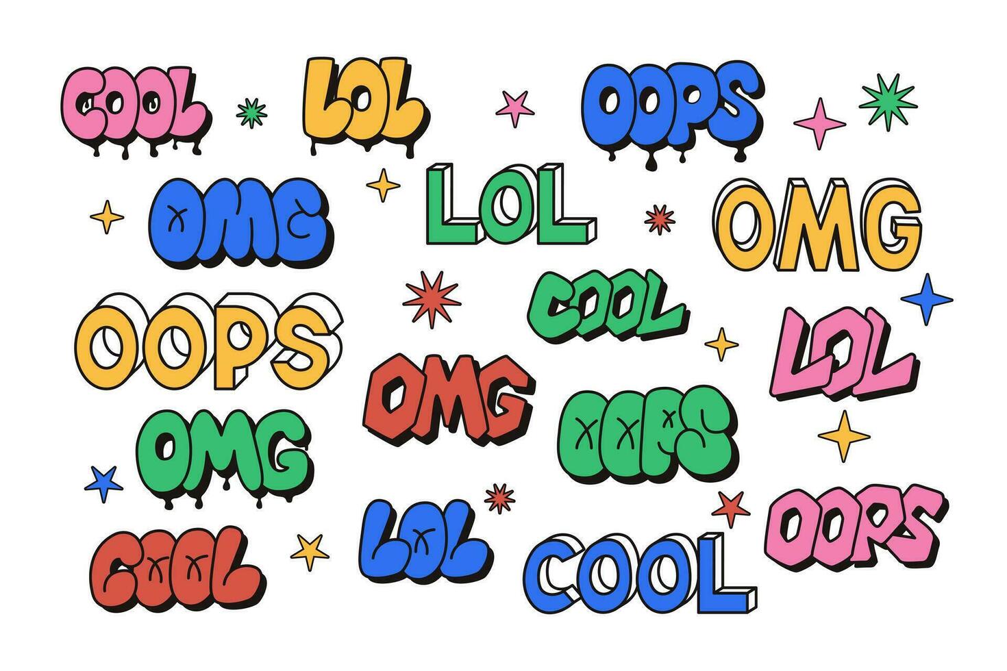 Retro sticker set with lettering in 90s style and stars. Hand drawn lettering in bubble, street style graffiti and 2000s style. Words Cool, Omg, Oops, Lol. Ideal for stickers, design element, pattern vector