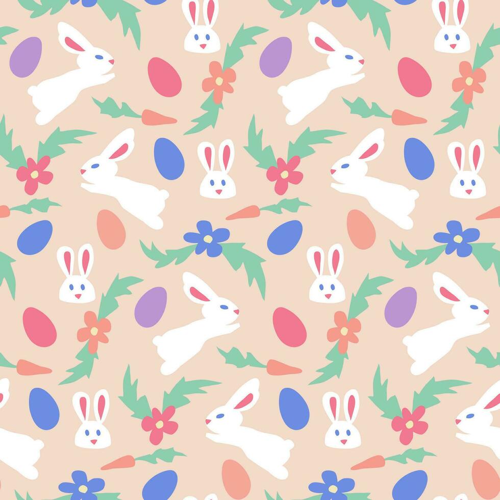 Easter holiday seamless pattern with bunnies and eggs. Hand drawn elements in childish cut out style on peach background. Trendy print design for textile, wallpaper, interior decoration vector