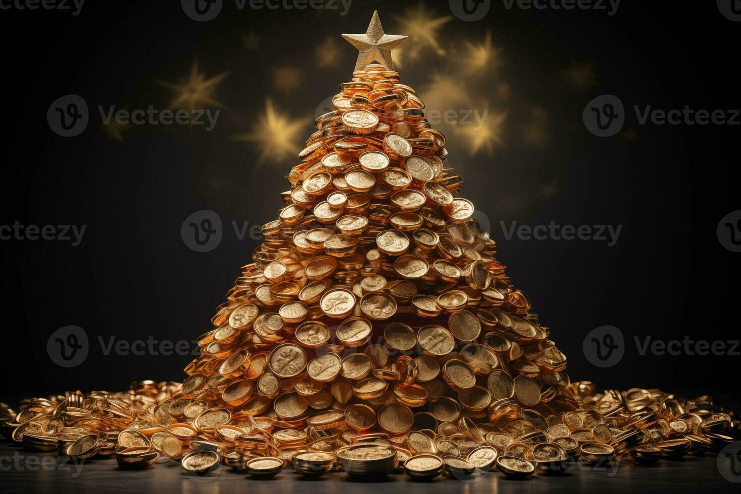 AI Generated Golden shiny Christmas tree with coins. High quality photo