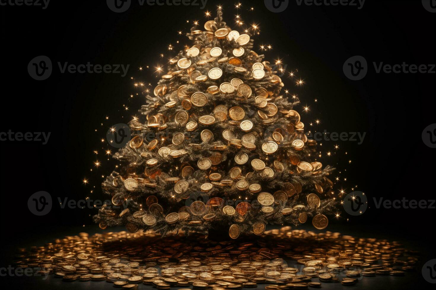 AI Generated Golden shiny Christmas tree with coins. High quality photo