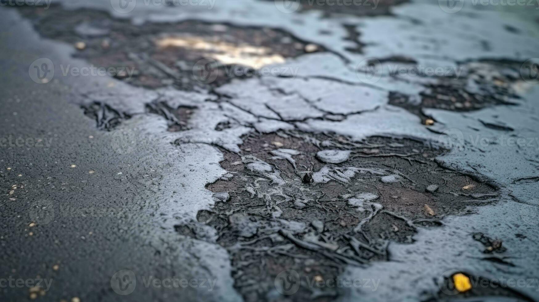 ai generado petróleo manchas en el asfalto. sucio superficie de gris asfalto la carretera. negro petróleo manchas en el acera. foto