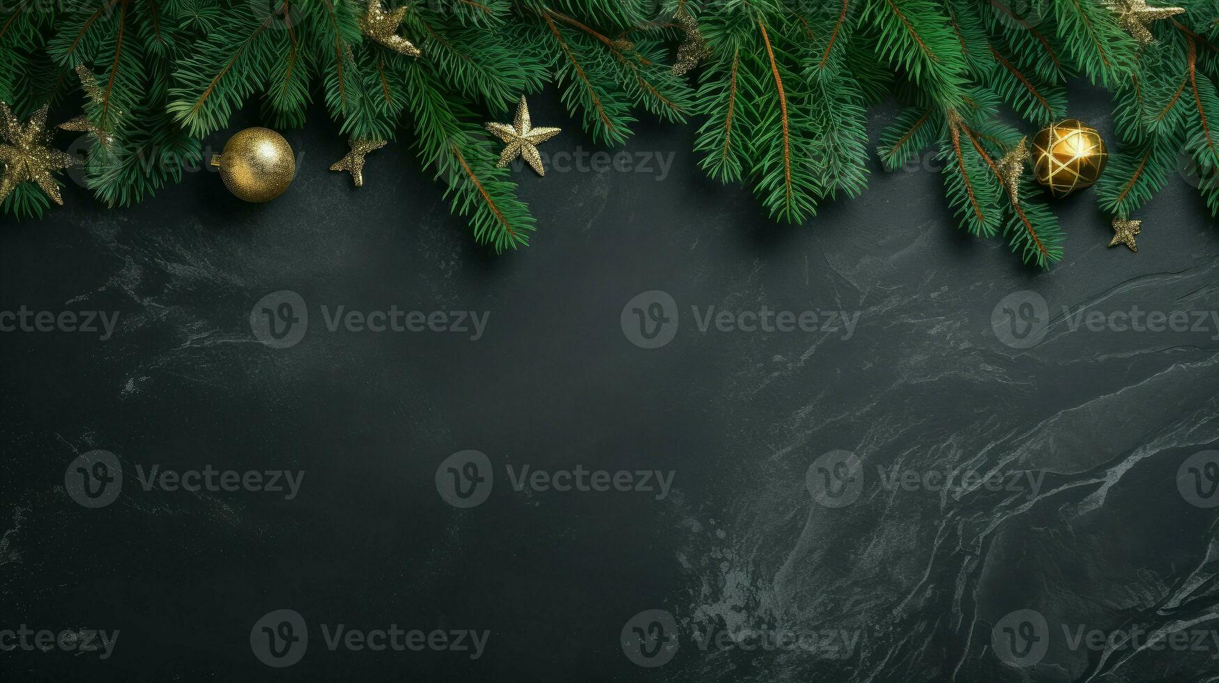 AI generated Christmas decoration with fir branches on a dark shale background. photo