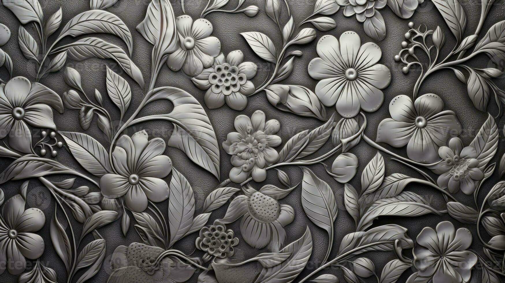 AI generated Embossed metal surface floral texture graphic background. photo