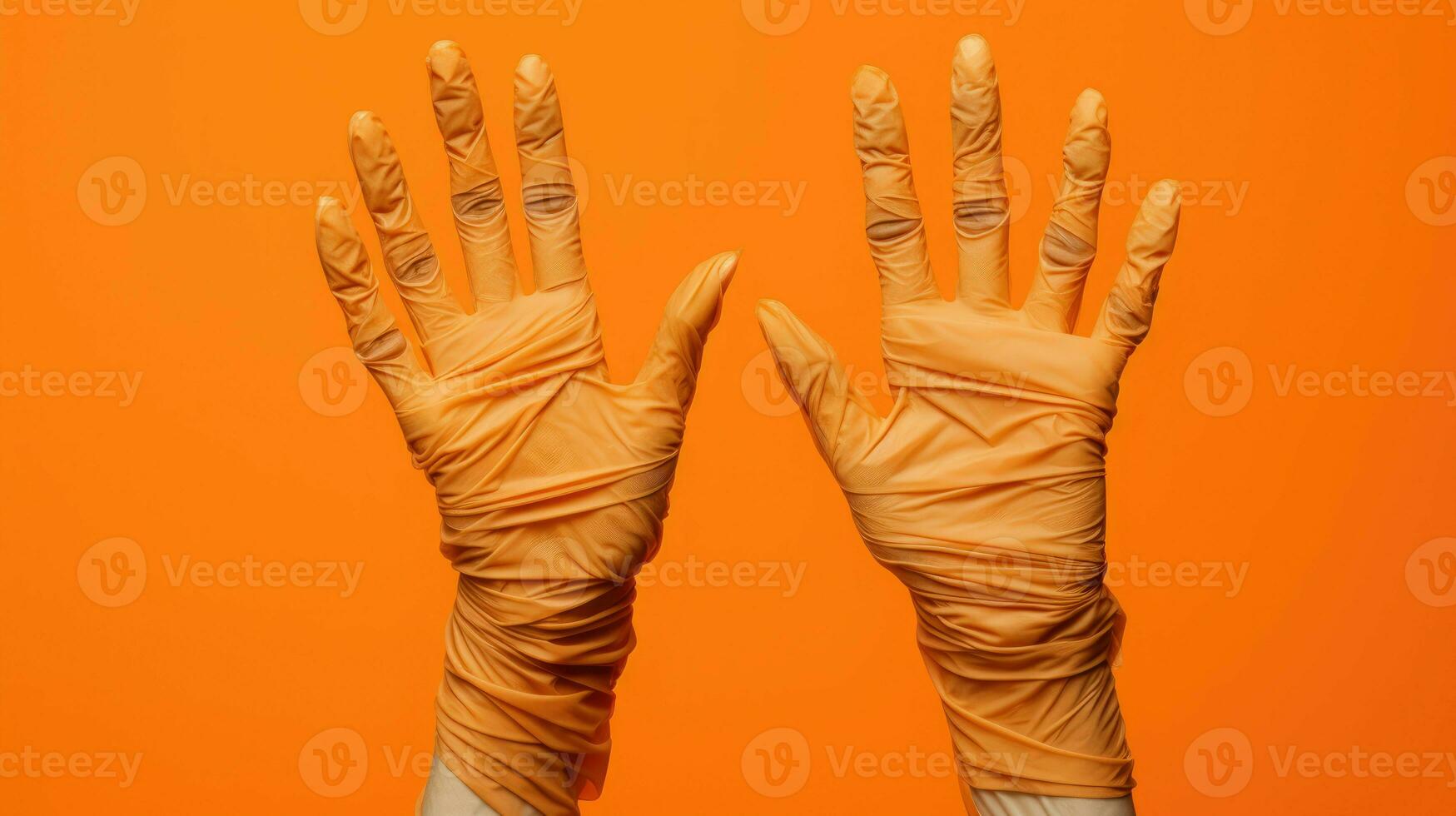 AI generated Photo of two mummy hands on empty orange background.