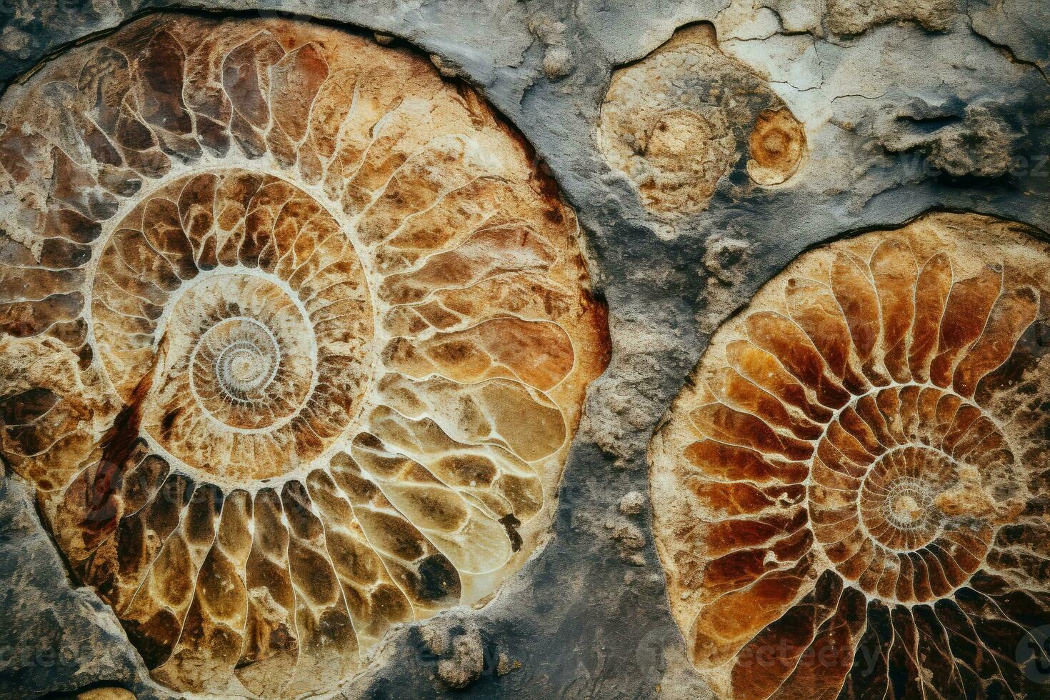 AI generated Fossilized ammonite texture background, ancient and intricate ammonite fossils, prehistoric and geological surface, rare and fossilized photo