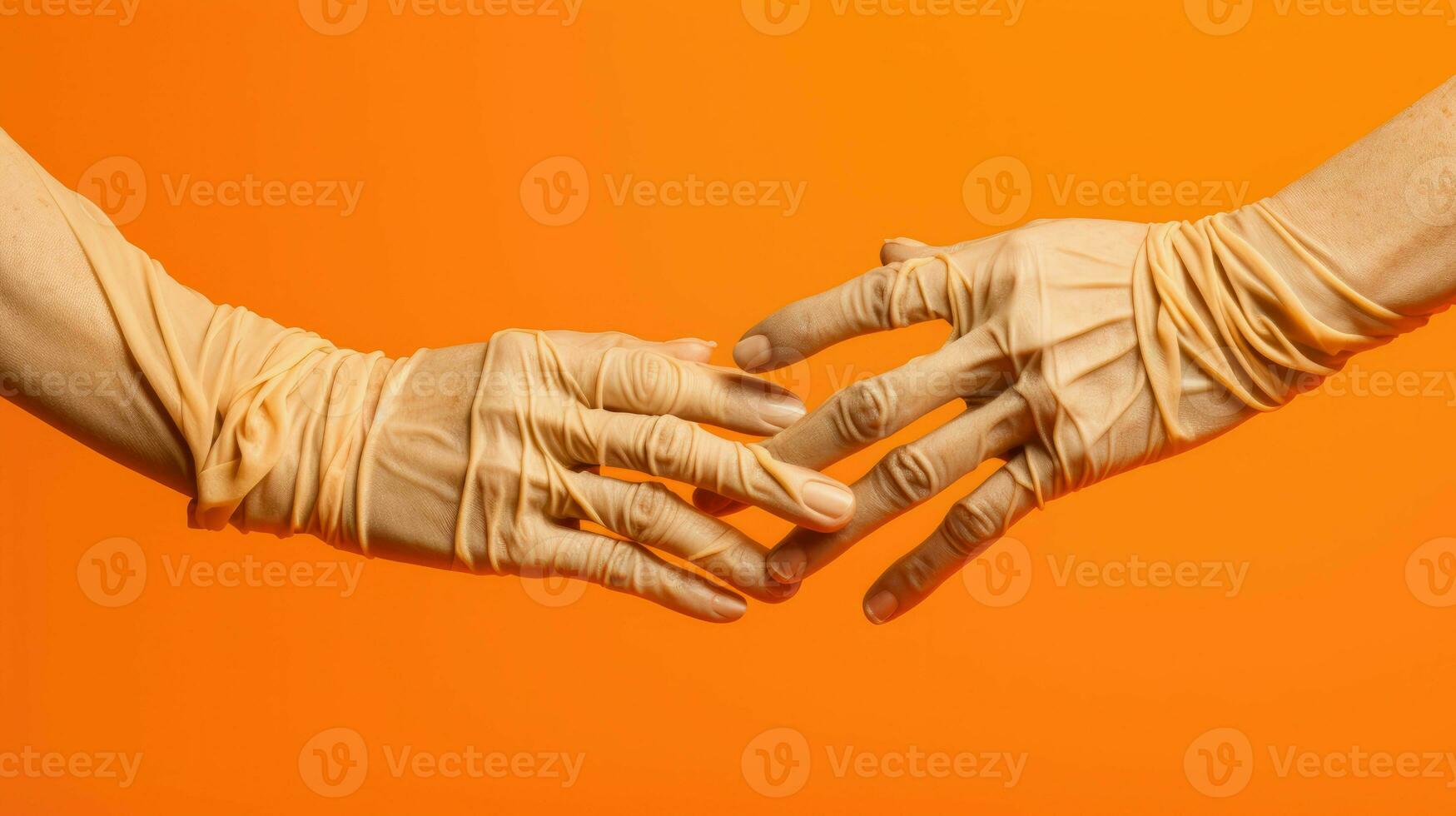 ai generado foto de dos momia manos en vacío naranja antecedentes.