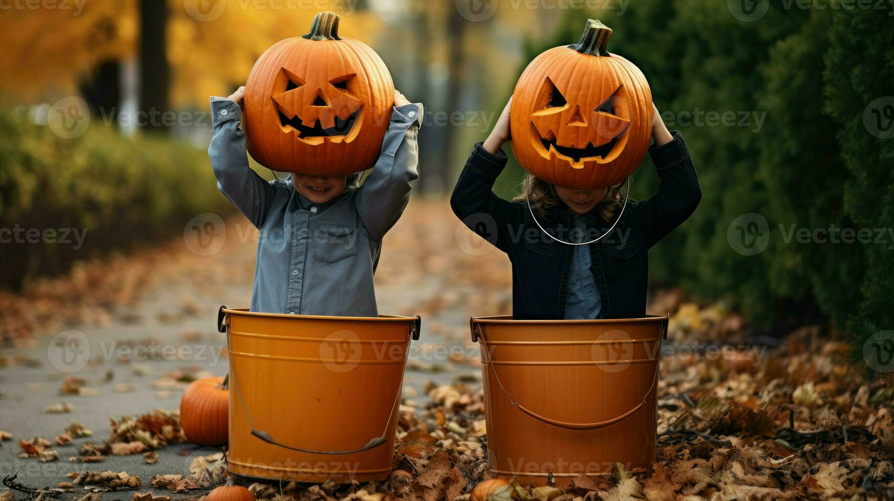 AI generated Happy Halloween funny children in carnival costumes hide their heads behind buckets pumpkins outdoors. photo