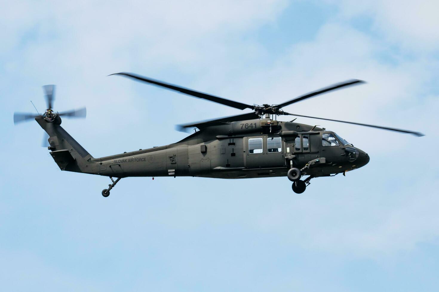 Sliac, Slovakia, 2018 - Military helicopter at air base. Air force flight operation. Aviation and aircraft. Air defense. Military industry. Fly and flying. photo