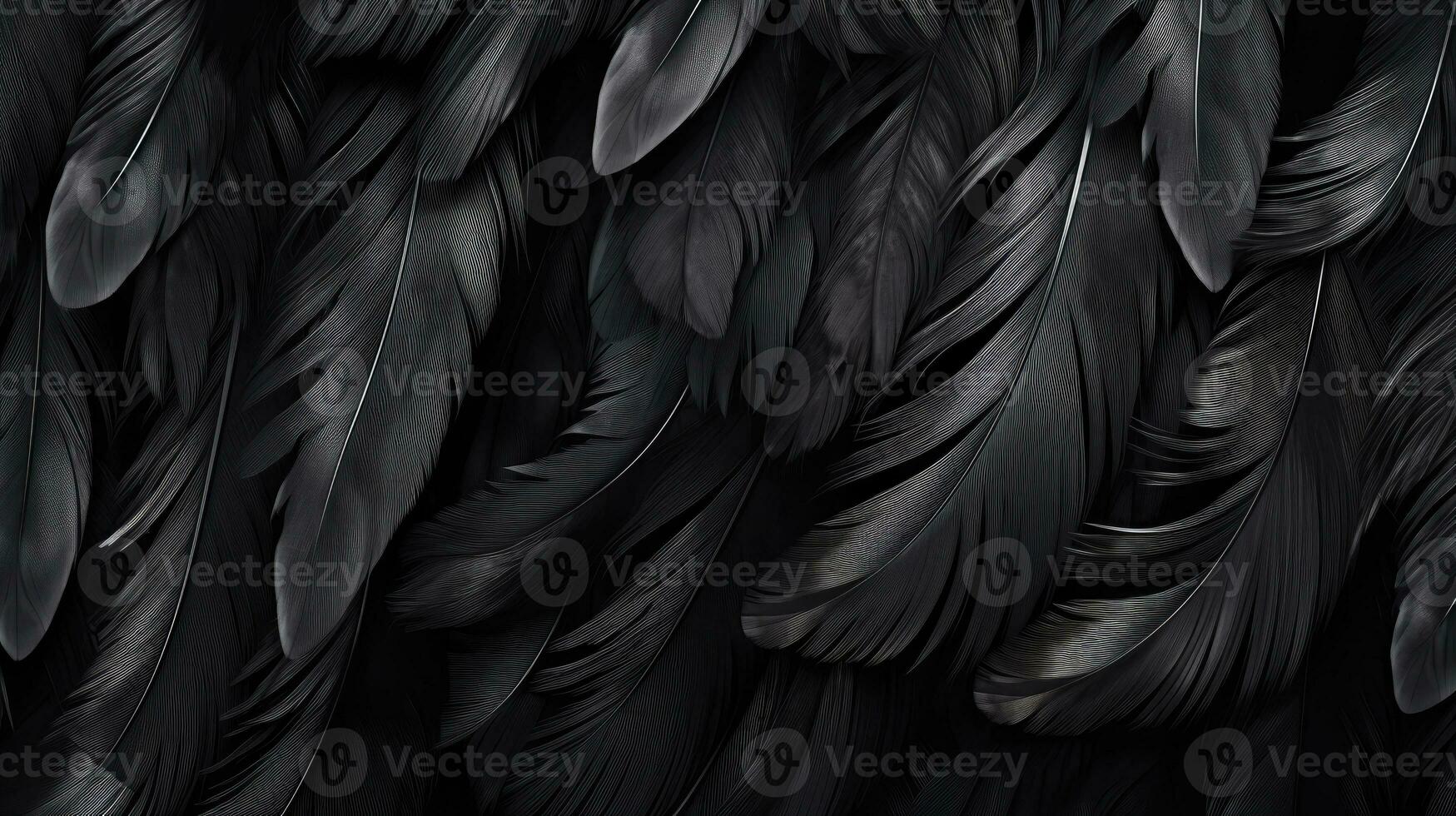 AI generated Black feathers background as beautiful abstract wallpaper header. photo