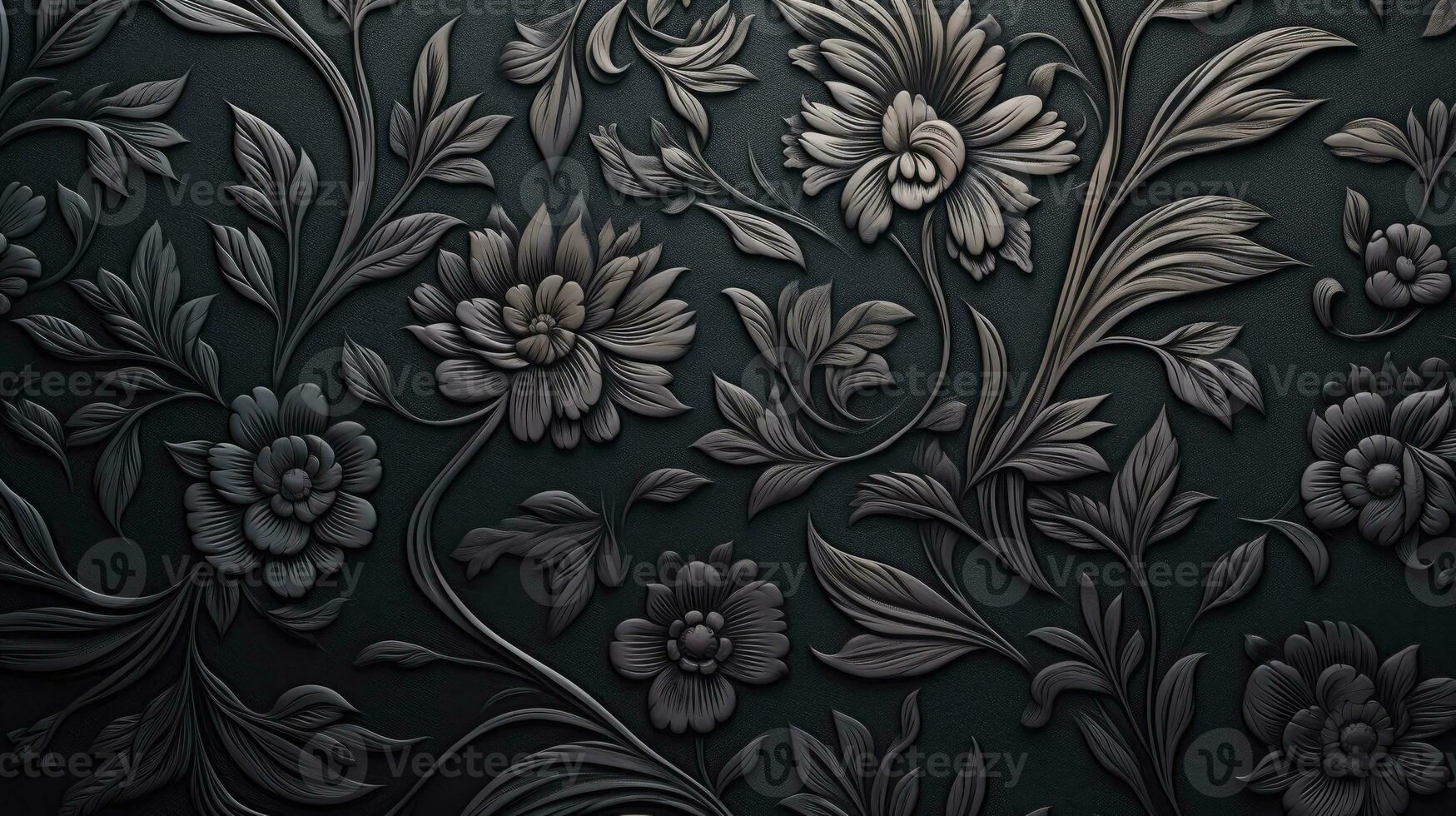 AI generated Black background tone with embossed floral pattern on metal surface. photo