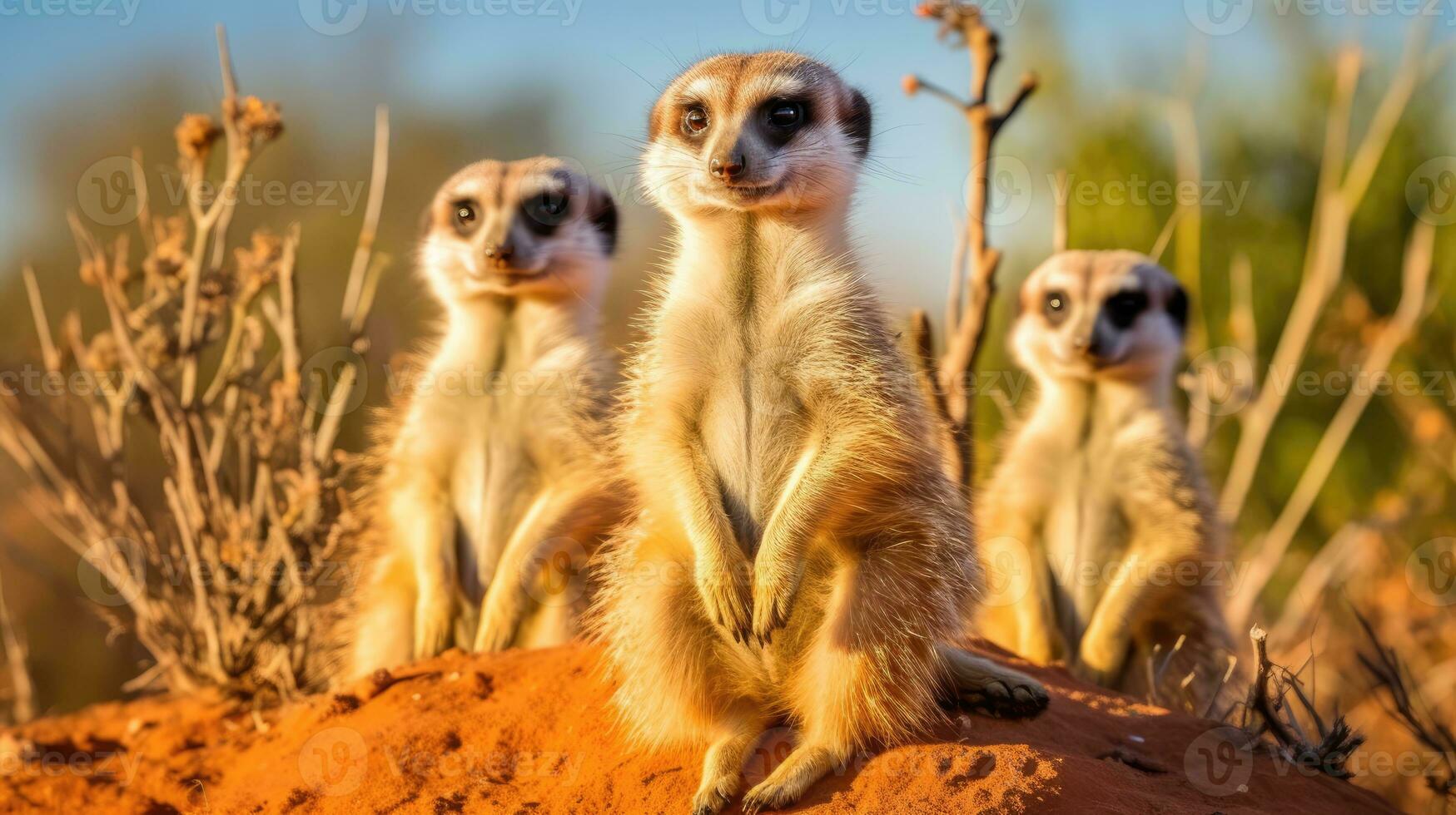 AI generated Curious meerkats stand alert on their hind legs, diligently watching for any signs of danger. photo