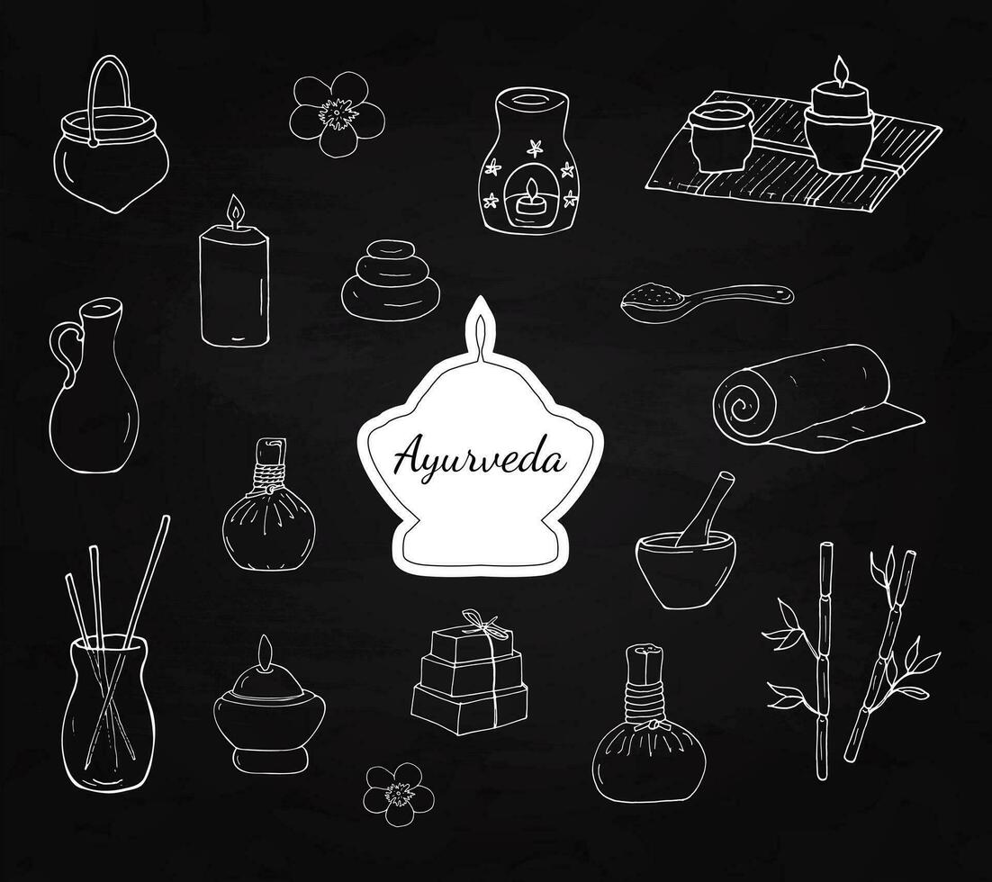 Ayurvedic doodles.  traditional Hindu treatment.  Indian massage, body care, health care, ayurvedic item set. Drawn herbal bags, aromatic oil, candle, aroma sticks, bamboo, and soaps. vector