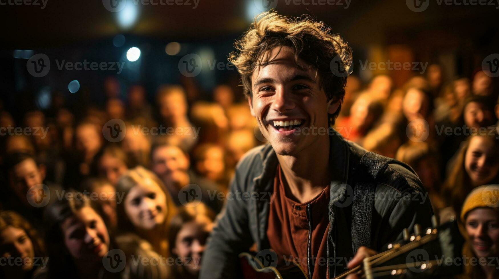 AI generated A young man joyfully plays an acoustic guitar in front of an audience, radiating happiness and musical talent. Generative AI photo