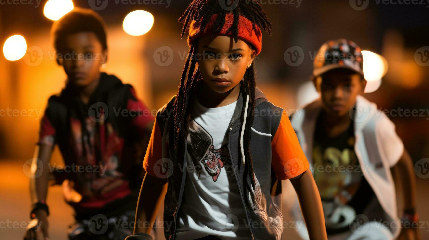AI generated Three young boys with dreadlocks walking down the street at night, showcasing their unique style and confidence. Generative AI photo