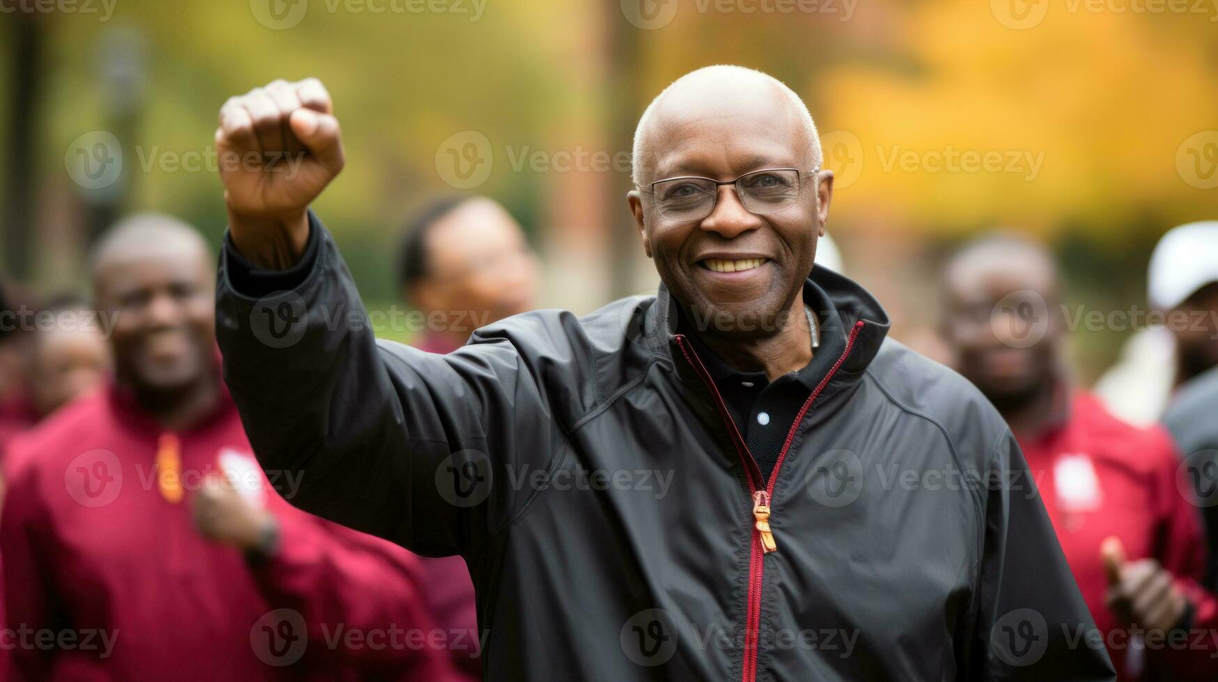 AI generated A man in a black jacket and glasses waving during a protest. Generative AI photo