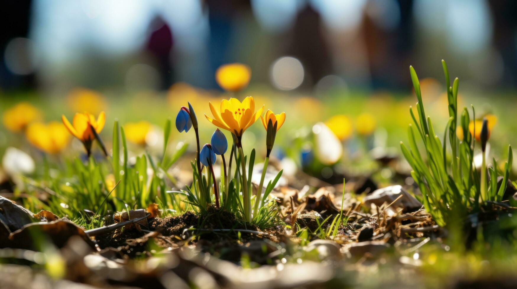 ai generado primavera flores floreciente en el césped. generativo ai foto