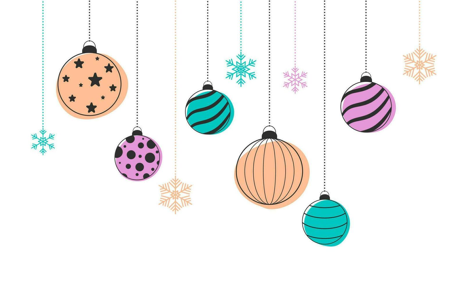 Christmas balls and snowflakes in trendy colors. Peach fuzz. Merry Christmas and Happy New Year decorations. Flat vector illustration isolated on white background.