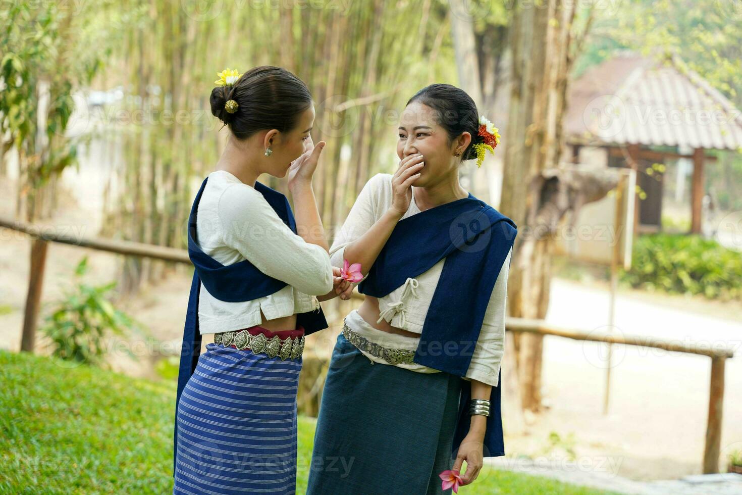 Closeup a beautiful Thai young lady ware Thai northern traditional dress chatting and teasing each other on blurred background. photo