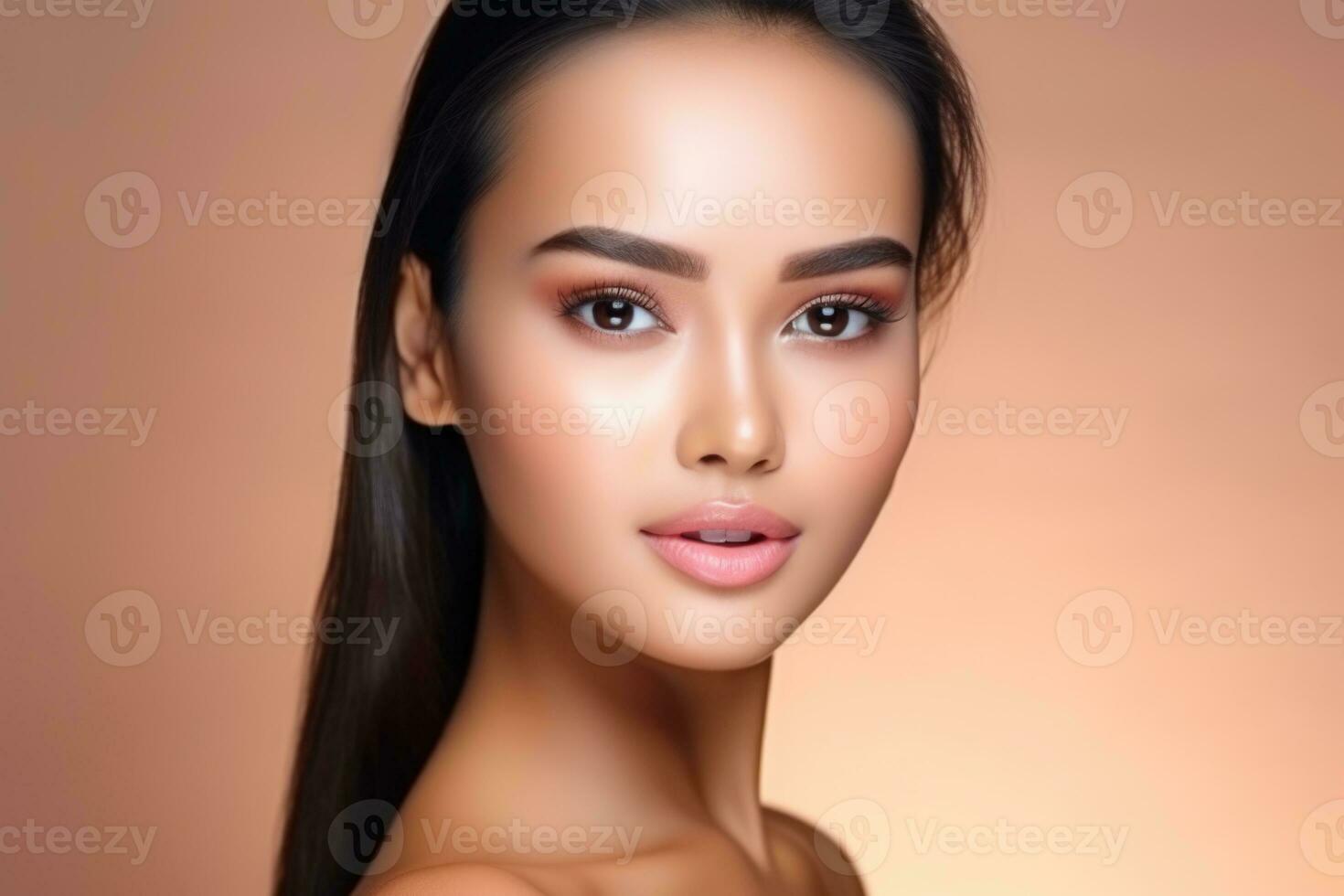 AI generated Graceful Beauty Portrait Emphasizing Cosmetics and Skincare Radiance. photo