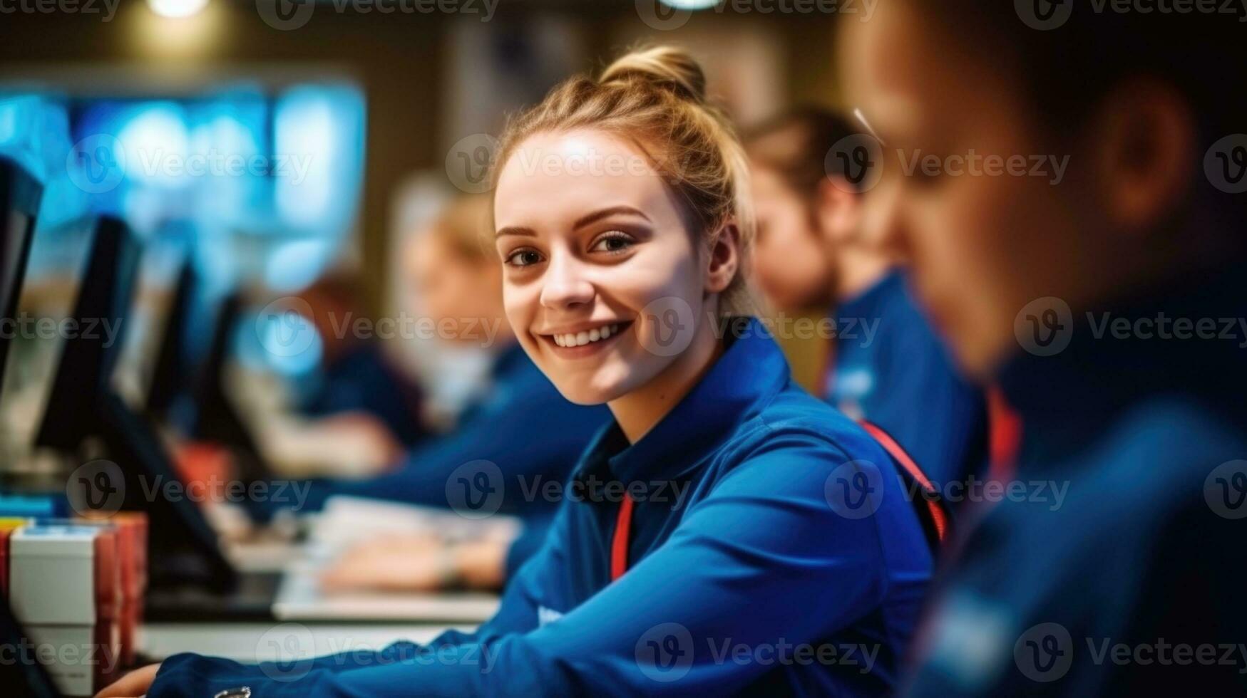 AI generated Friendly Cashier Smiling at Checkout Desk in Store. photo