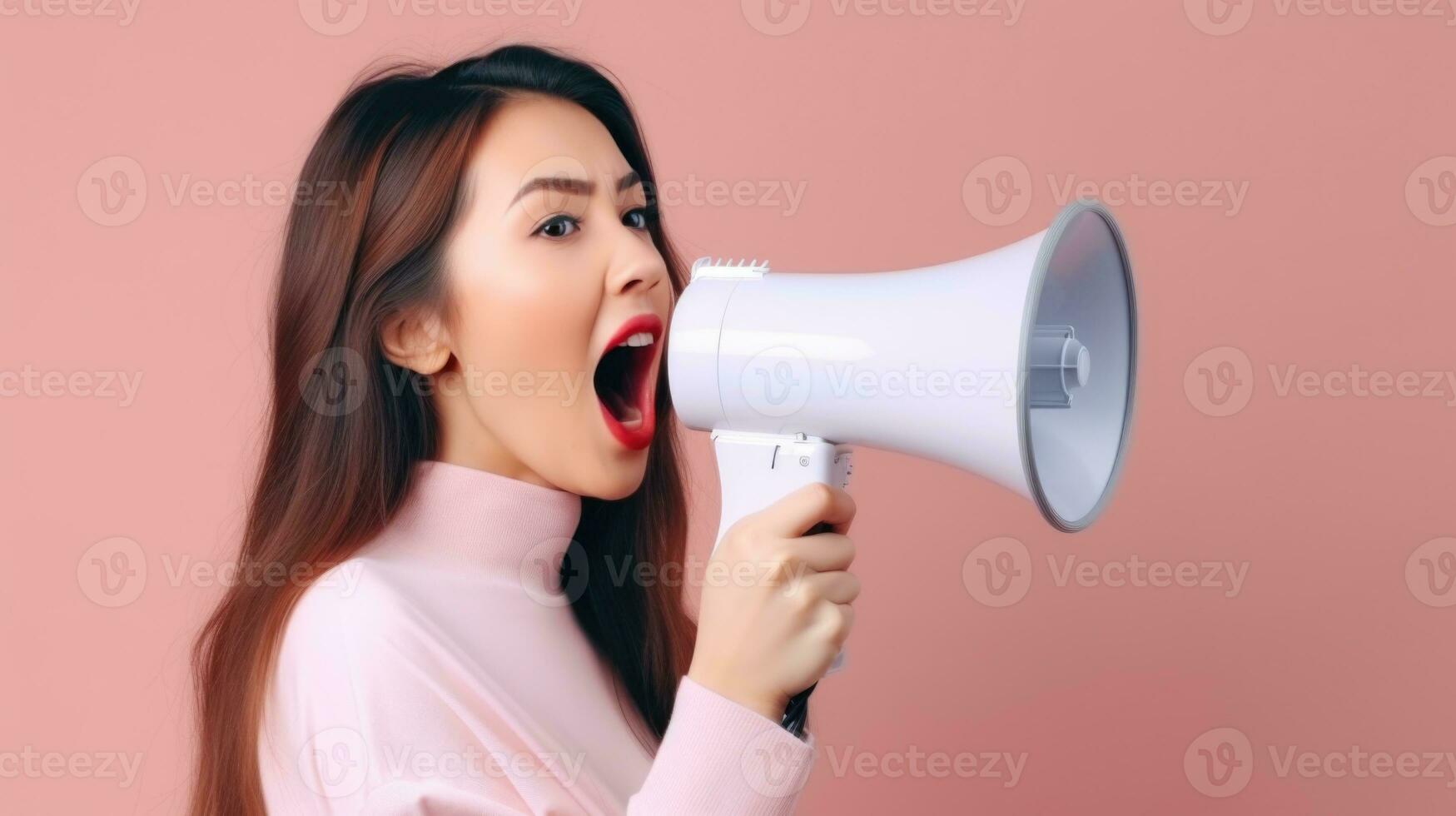 AI generated Woman Shouting into Megaphone, Expressive Announcement. photo