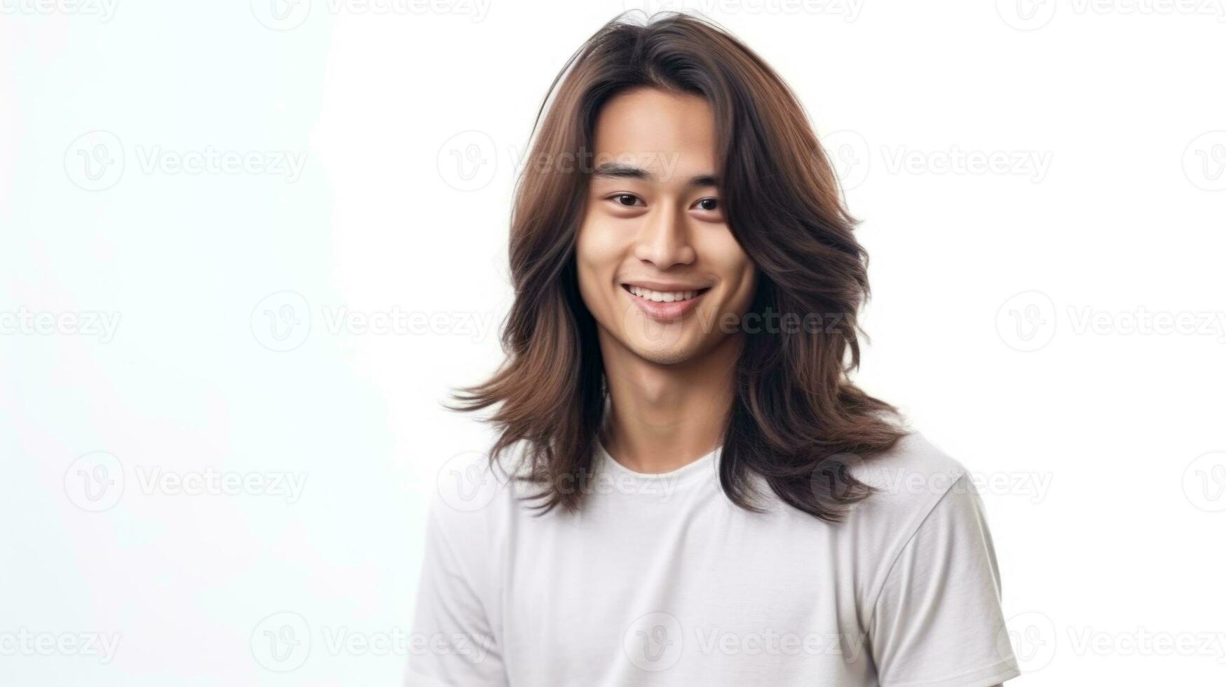 AI generated Stylish Asian Man Showcasing Healthy and Well-Groomed Hair. photo