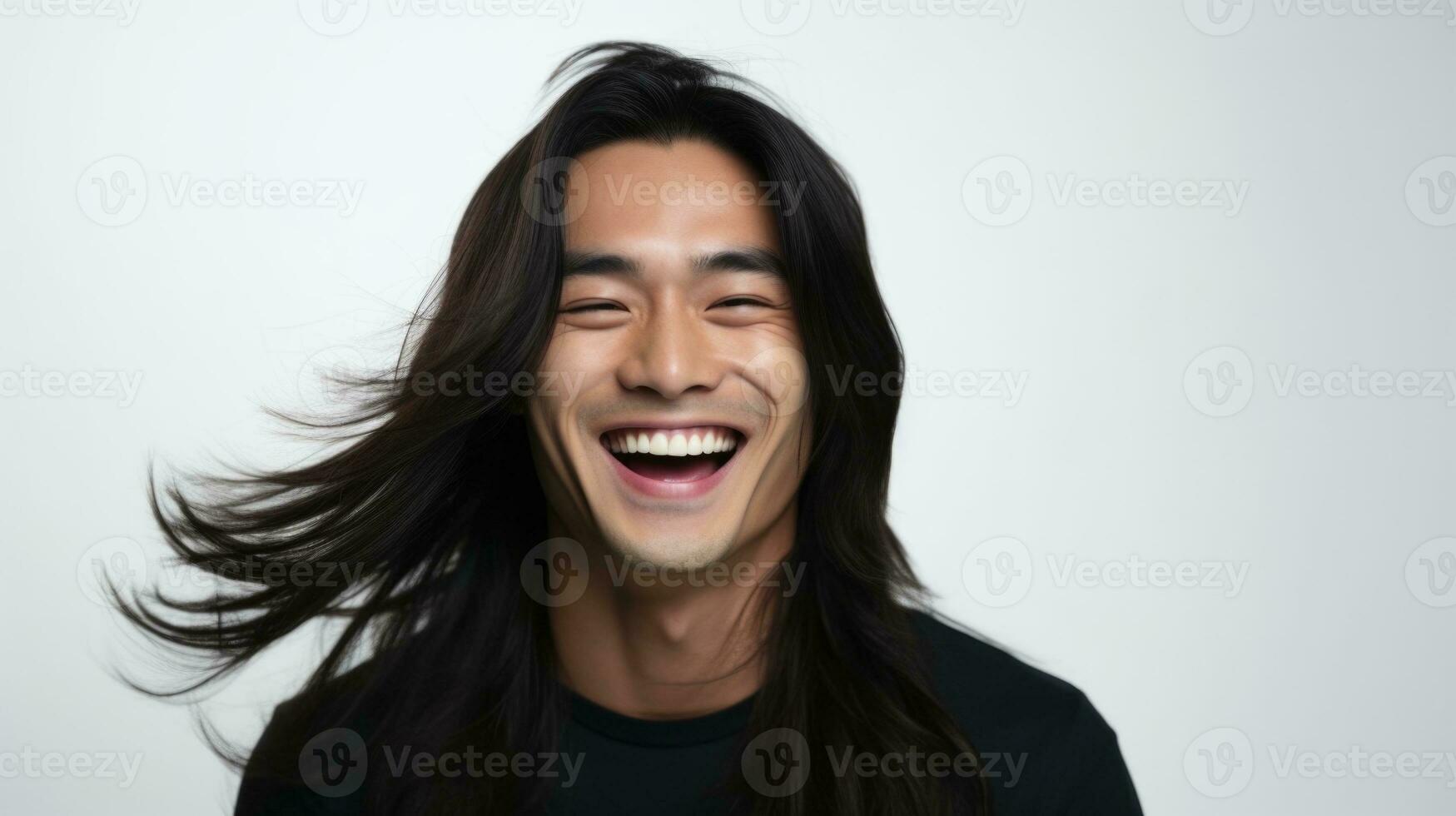 AI generated Stylish Asian Man Showcasing Healthy and Well-Groomed Hair. photo