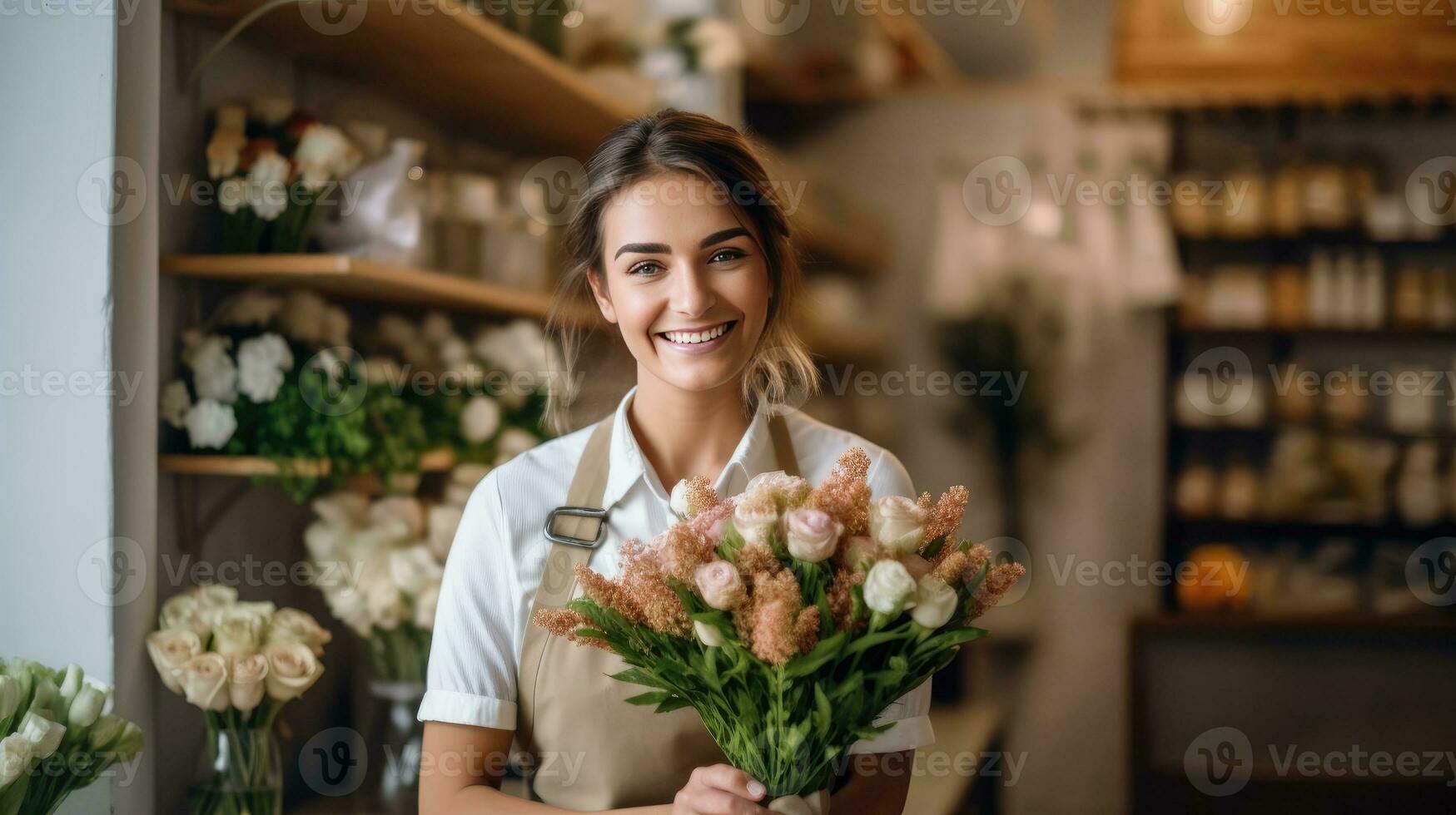 ai generado radiante florista arreglando Fresco flores en acogedor taller foto