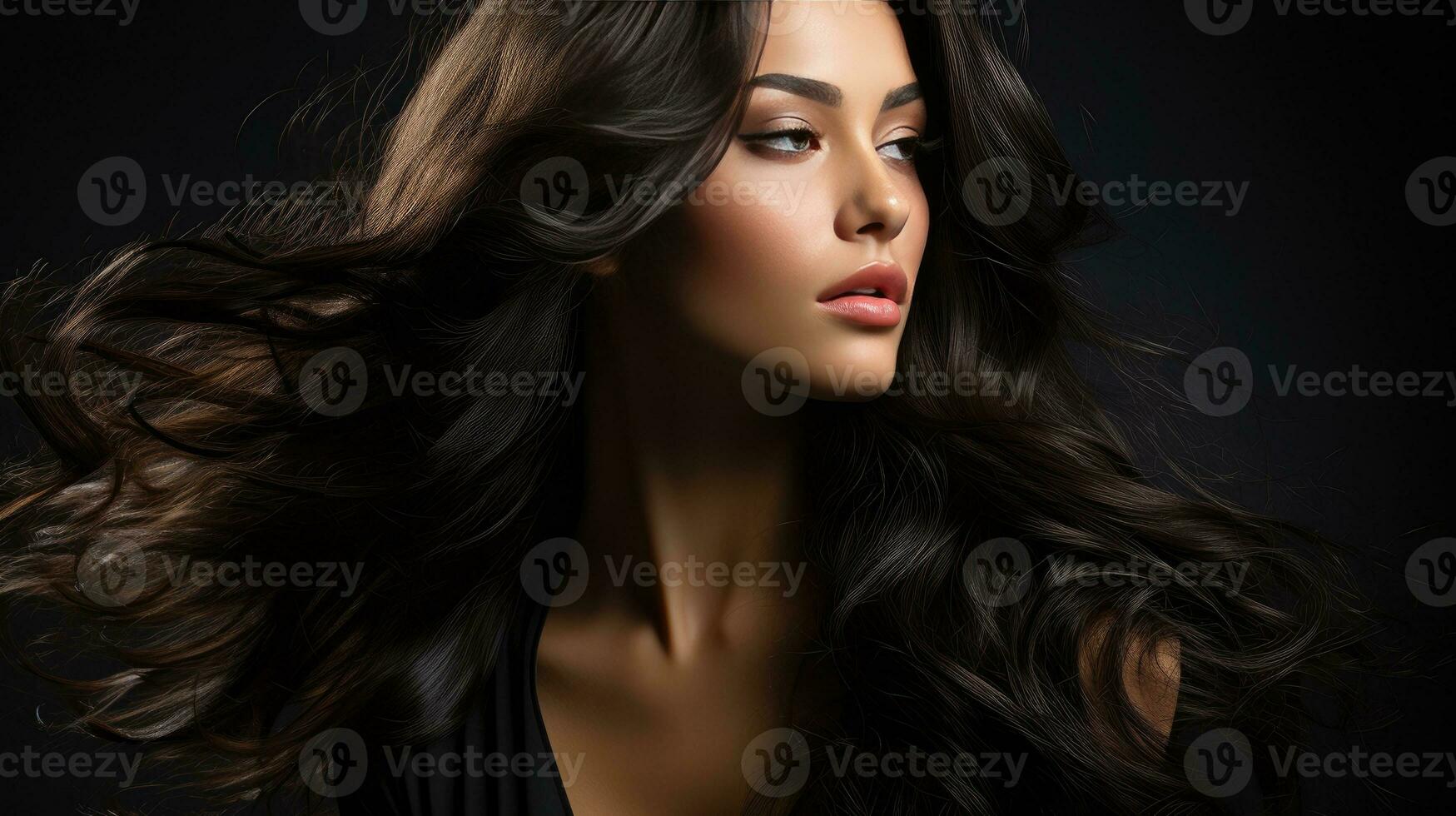 AI generated Ethereal Beauty Profile with Radiant Flowing Dark Hair photo