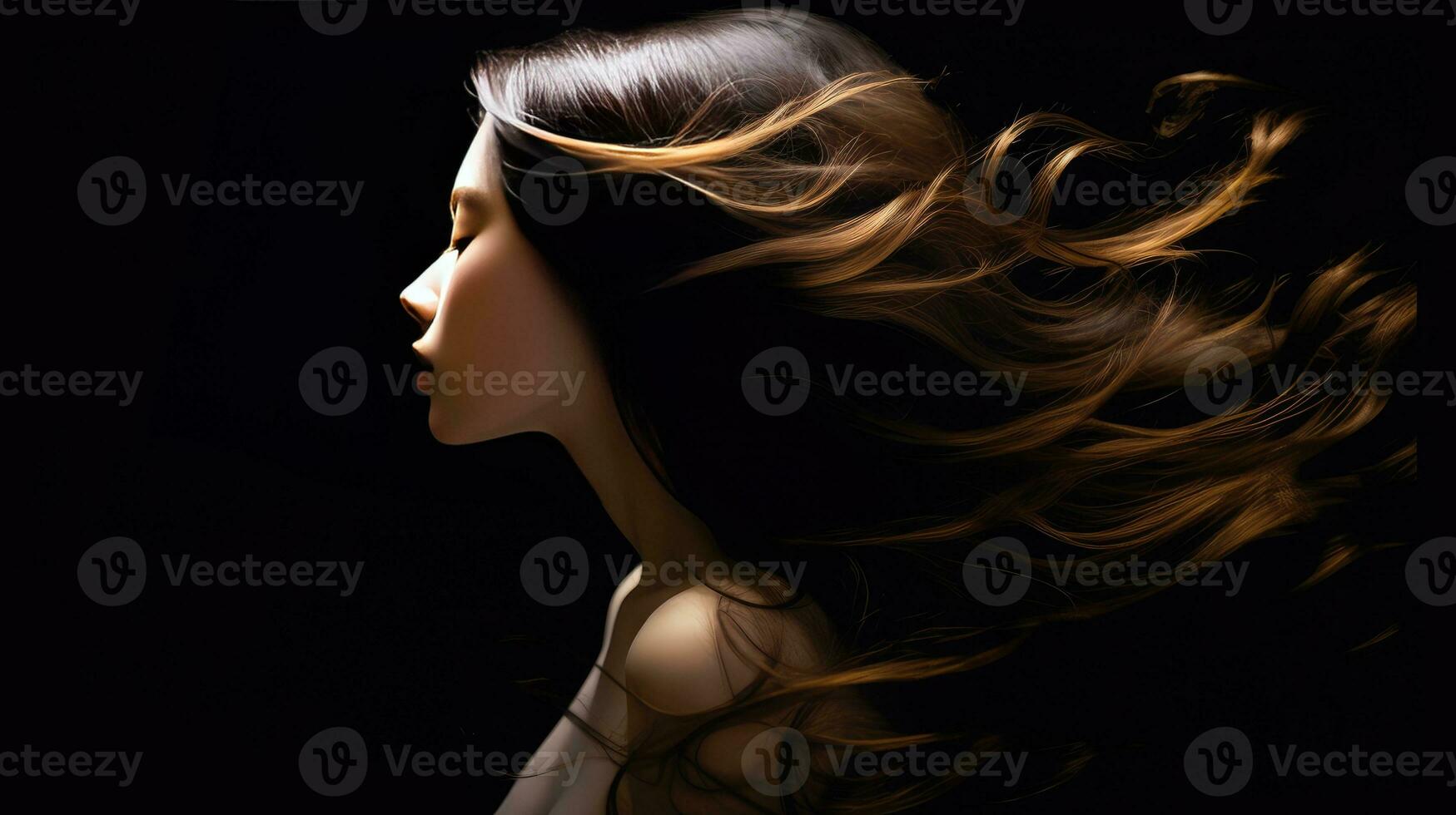 AI generated Ethereal Beauty Profile with Radiant Flowing Dark Hair photo