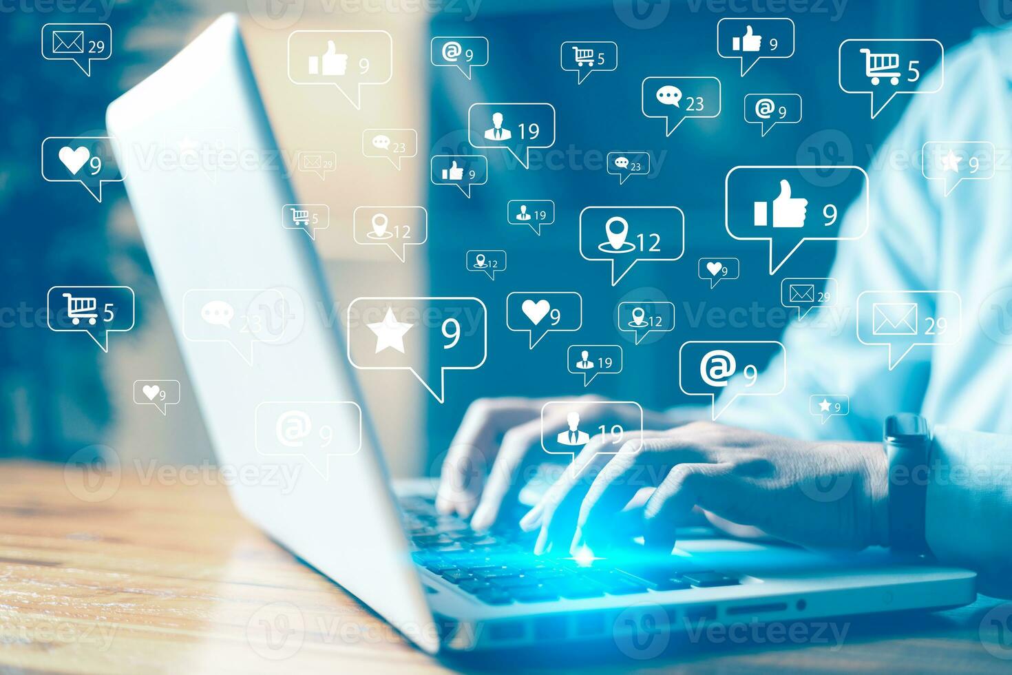 Social media concept. Businesswoman hands using laptop with icon social media and social network,Marketing concept.Check email for work or sending text SMS short message at home, Online communication photo