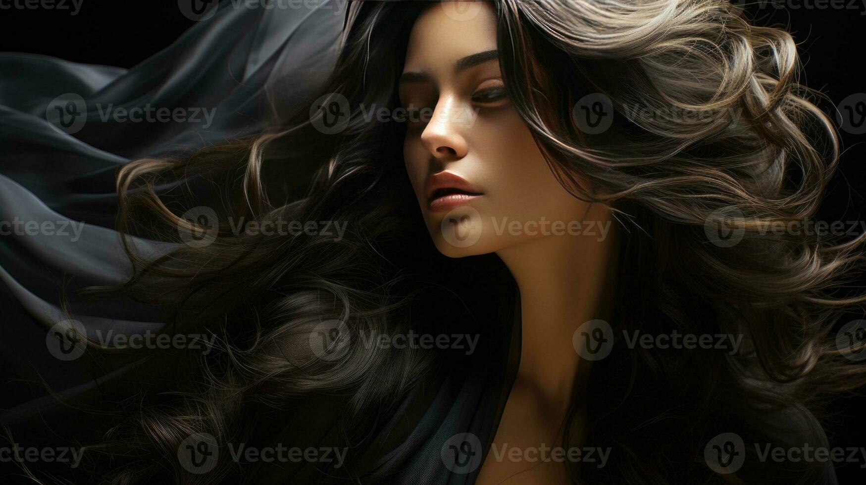 AI generated Ethereal Beauty Profile with Radiant Flowing Dark Hair photo