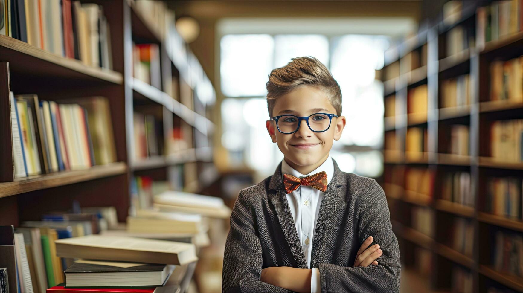 AI generated 10 year old boy student stand with arm folded with sunglasses in a bookstore among the shelves with books. Back to School Concept. photo