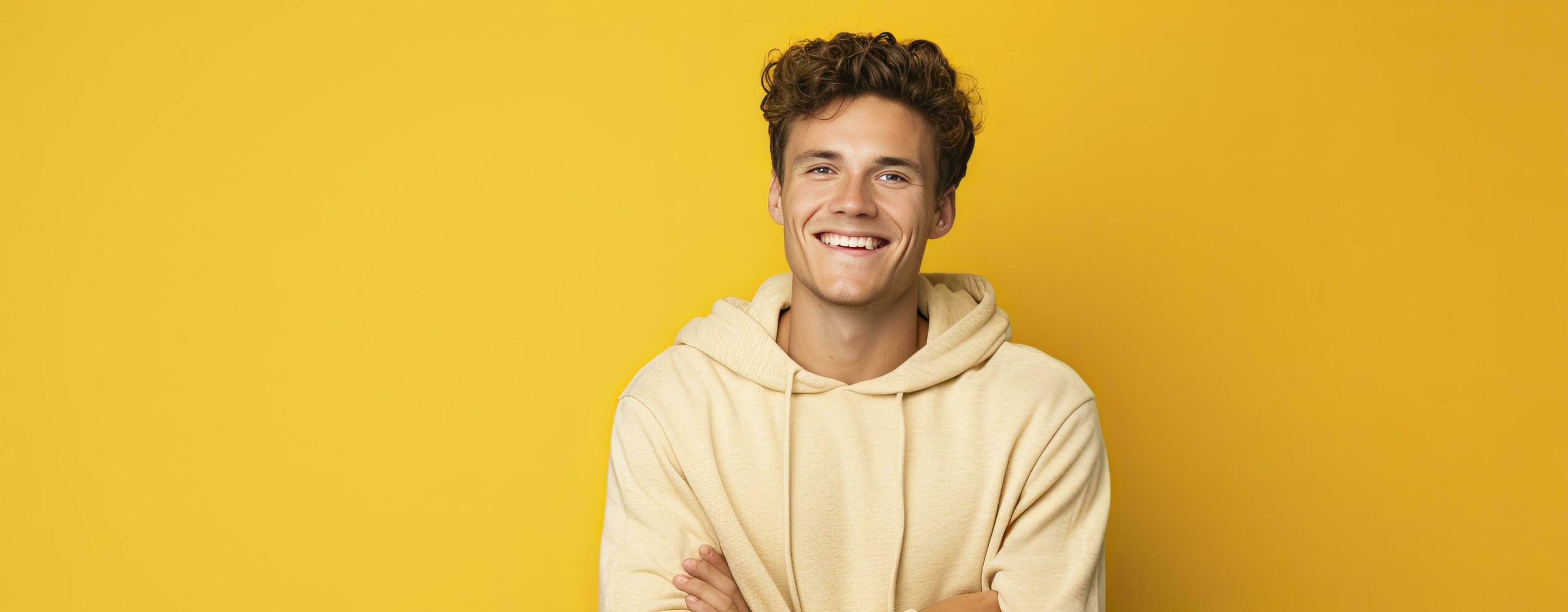 AI generated A Handsome Young Gay Man Poses Solo Against a Yellow Background for Advertising. photo