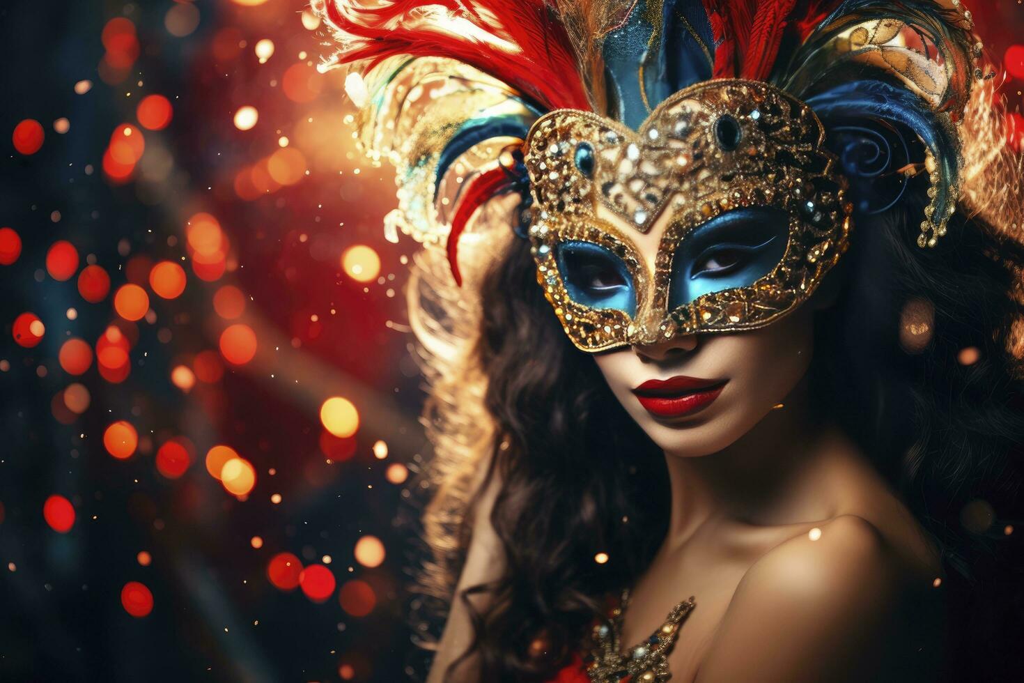 AI generated A Young Woman Adorned in a Carnival Mask Against a Festive Carnival Background. photo