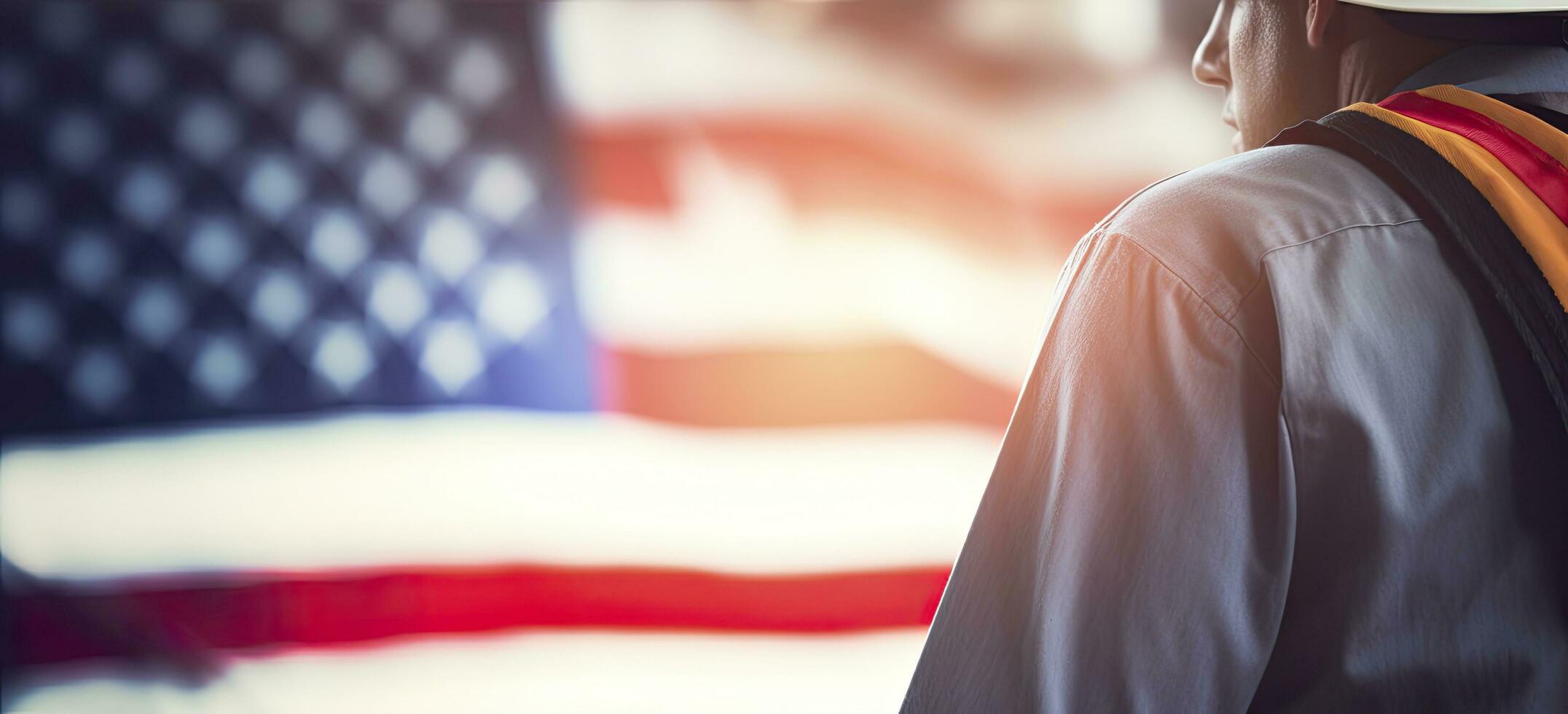 AI generated Labor day celebration, labor against the backdrop of the american flag, creating a joyful composition with copy space for text. photo