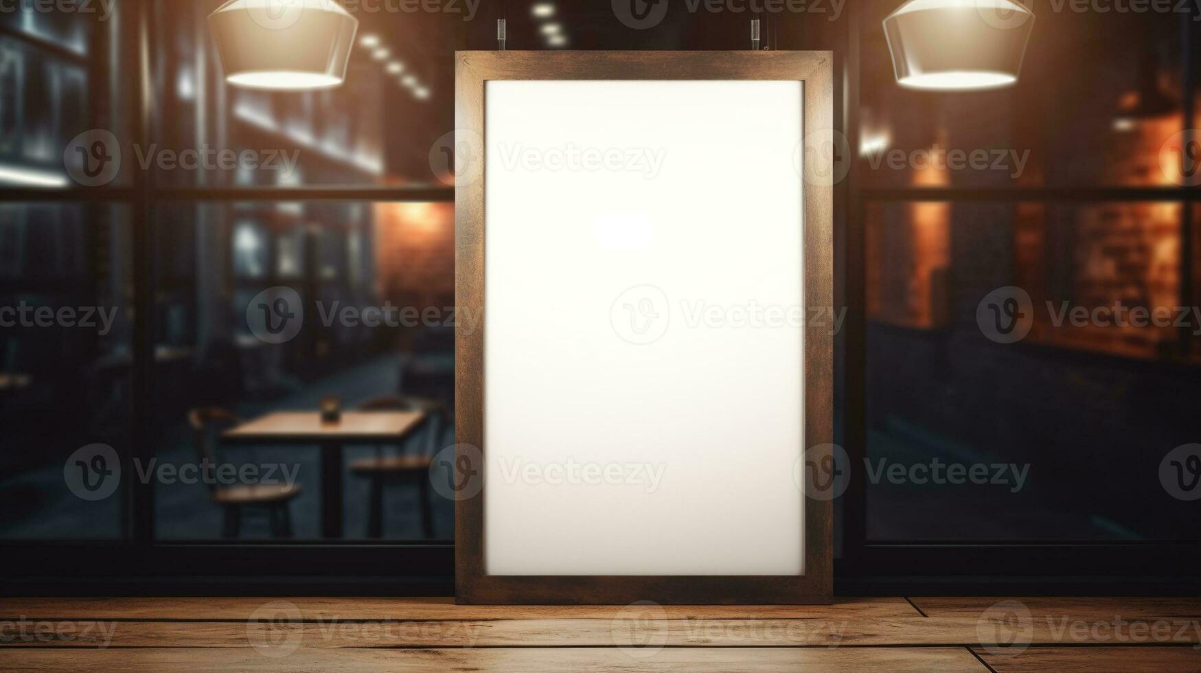 AI generated Generative AI, poster mock up for logo design, brand presentation, aesthetic muted neutral colors, on blurred night bar or restaurant background photo