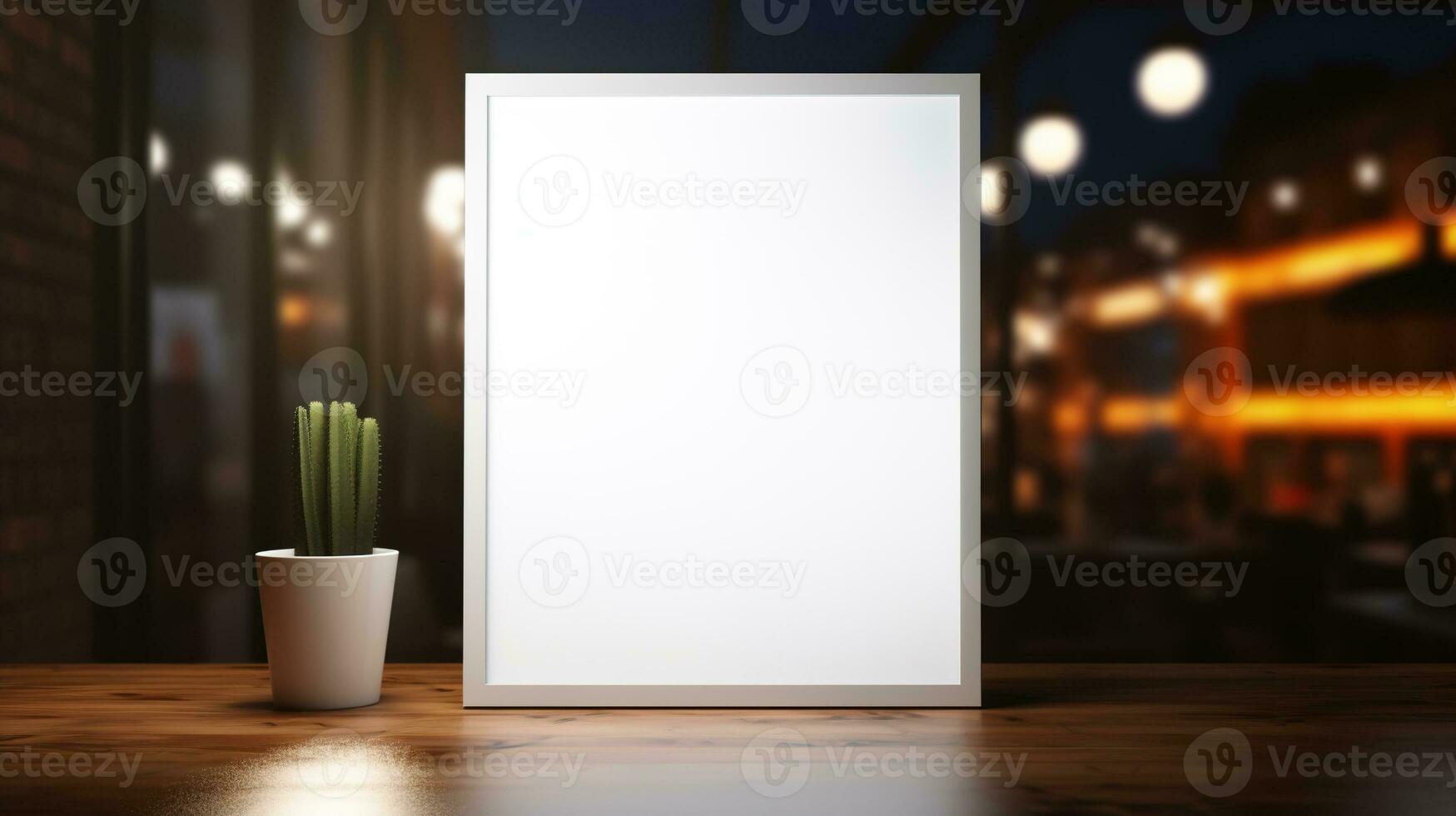 AI generated Generative AI, poster mock up for logo design, brand presentation, aesthetic muted neutral colors, on blurred night bar or restaurant background photo