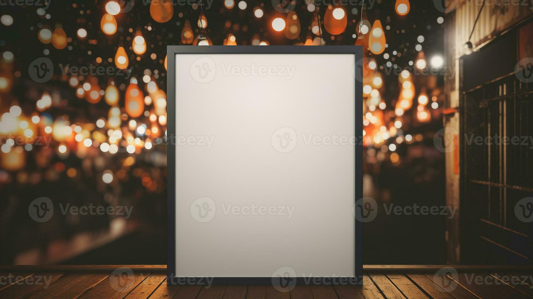 AI generated Generative AI, poster mock up for logo design, brand presentation, aesthetic muted neutral colors, on blurred night bar or restaurant background photo