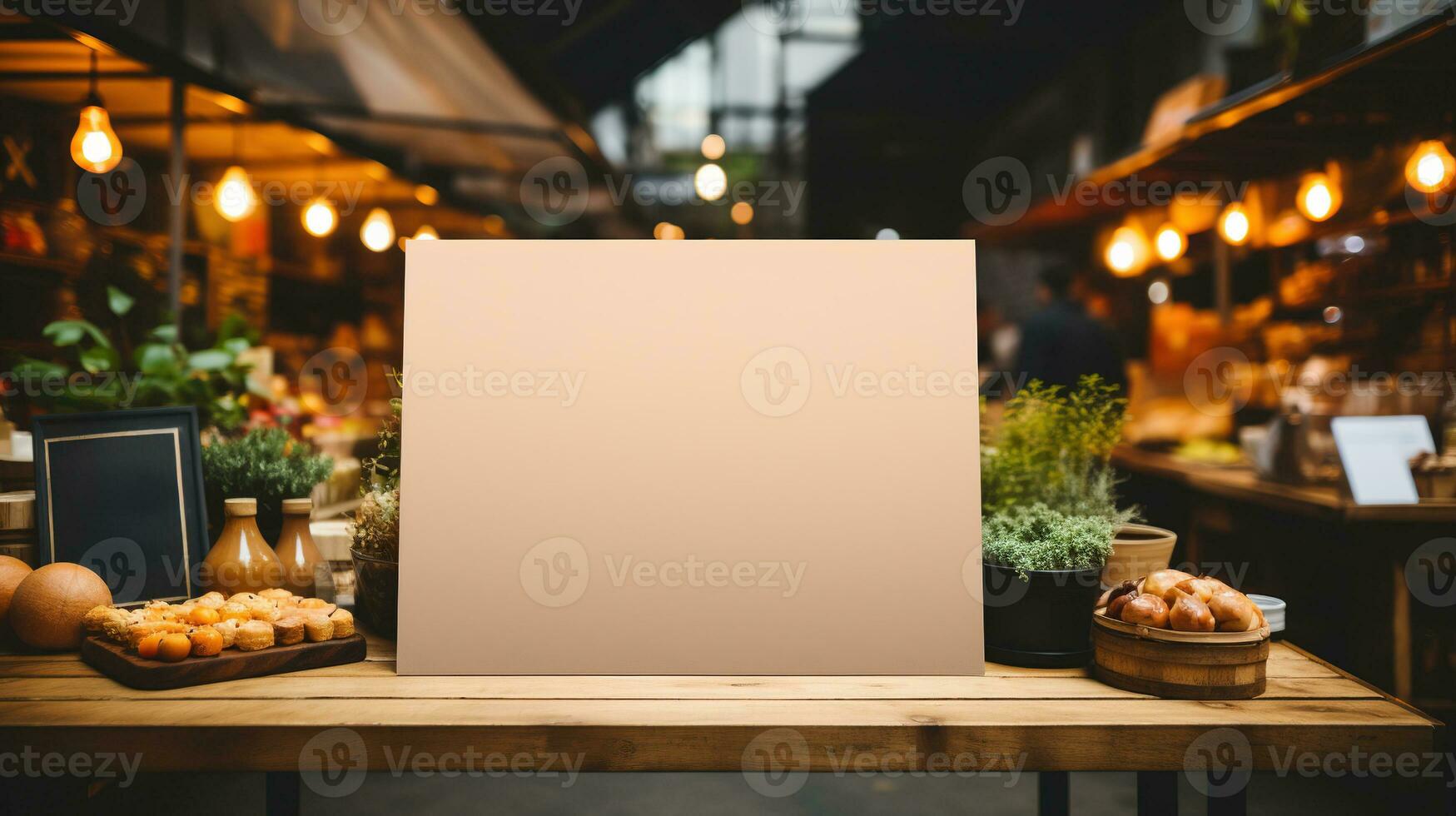 AI generated Generative AI, poster or signboard mock up for logo design, brand presentation on blurred food market background photo