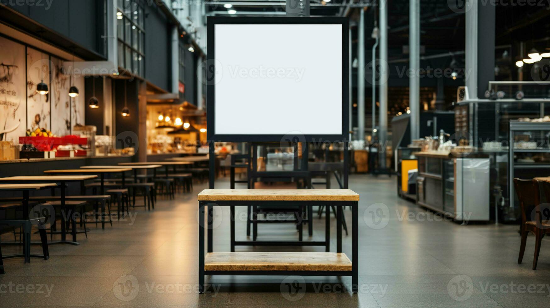 AI generated Generative AI, poster or signboard mock up for logo design, brand presentation on blurred food market background photo