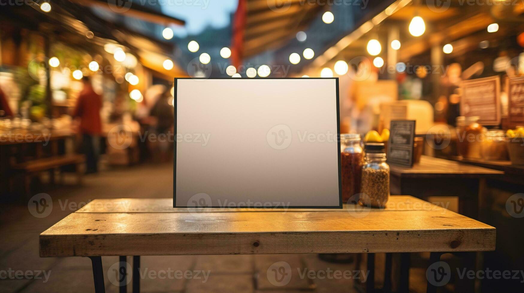 AI generated Generative AI, poster or signboard mock up for logo design, brand presentation on blurred food market background photo