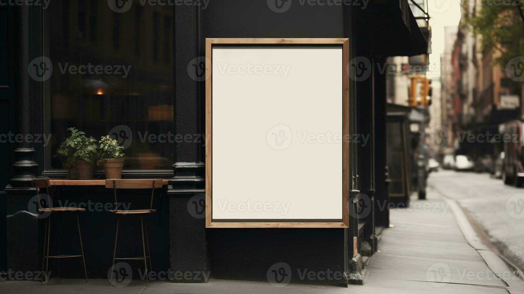 AI generated Generative AI, coffee shop street poster or signboard mock up for logo design, brand presentation, aesthetic muted neutral colors, on the wall outdoor photo